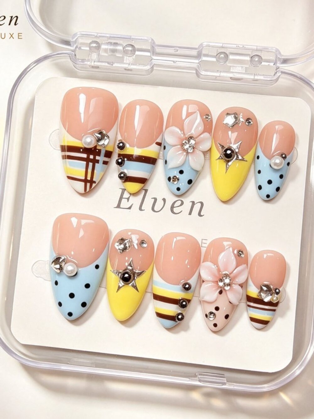 Medium Almond Press On Nails with 3D Flower Plaid & Polka Dot Rhinestone